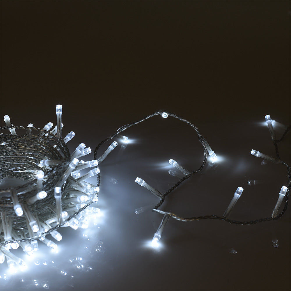 CATENA LUMINOSA 300 LED CON CAVO TRASPARENTE LUCE BIANCA 7 MODALITA' DI ILLUMINAZIONE + LUCE FISSA - DECORAZIONE PER INTERNI ED ESTERNI