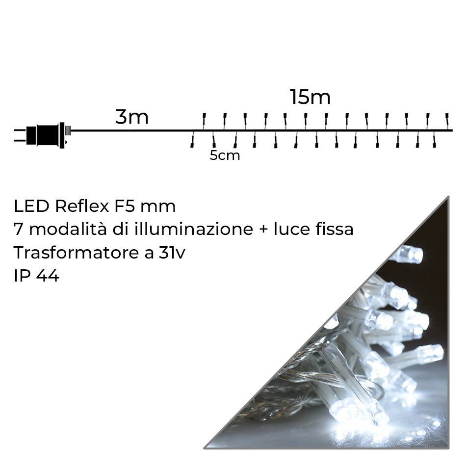CATENA LUMINOSA 300 LED CON CAVO TRASPARENTE LUCE BIANCA 7 MODALITA' DI ILLUMINAZIONE + LUCE FISSA - DECORAZIONE PER INTERNI ED ESTERNI