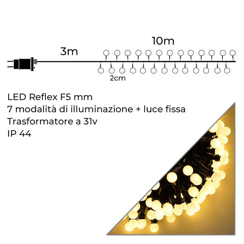 Infografica_Catena_500_LED_a_Sfera_Luce_Gialla_10mt_IP44_31V_Cavo_Verde_su_Sfondo_Bianco