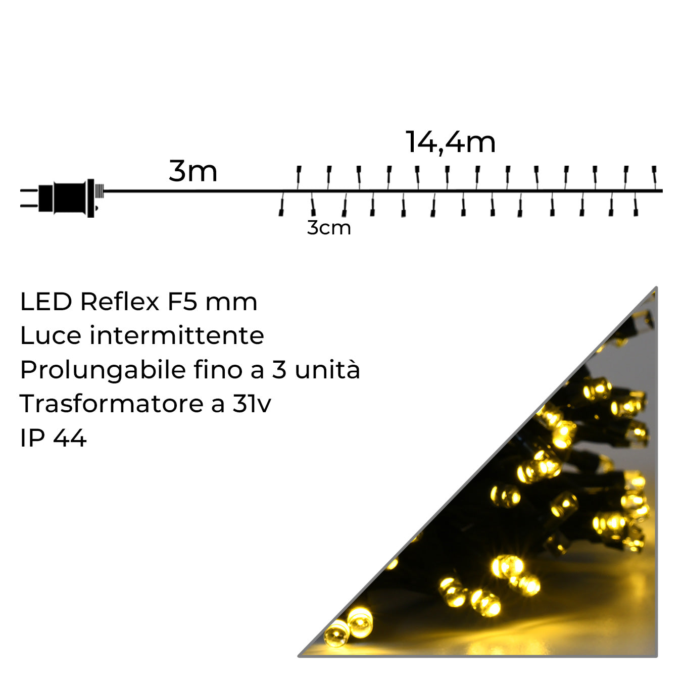 CATENA LUMINOSA LED CLUSTER 480 LUCI GIALLE INTERMITTENTI PER INTERNI ED ESTERNI - 14,4 METRI DI PURA MAGIA