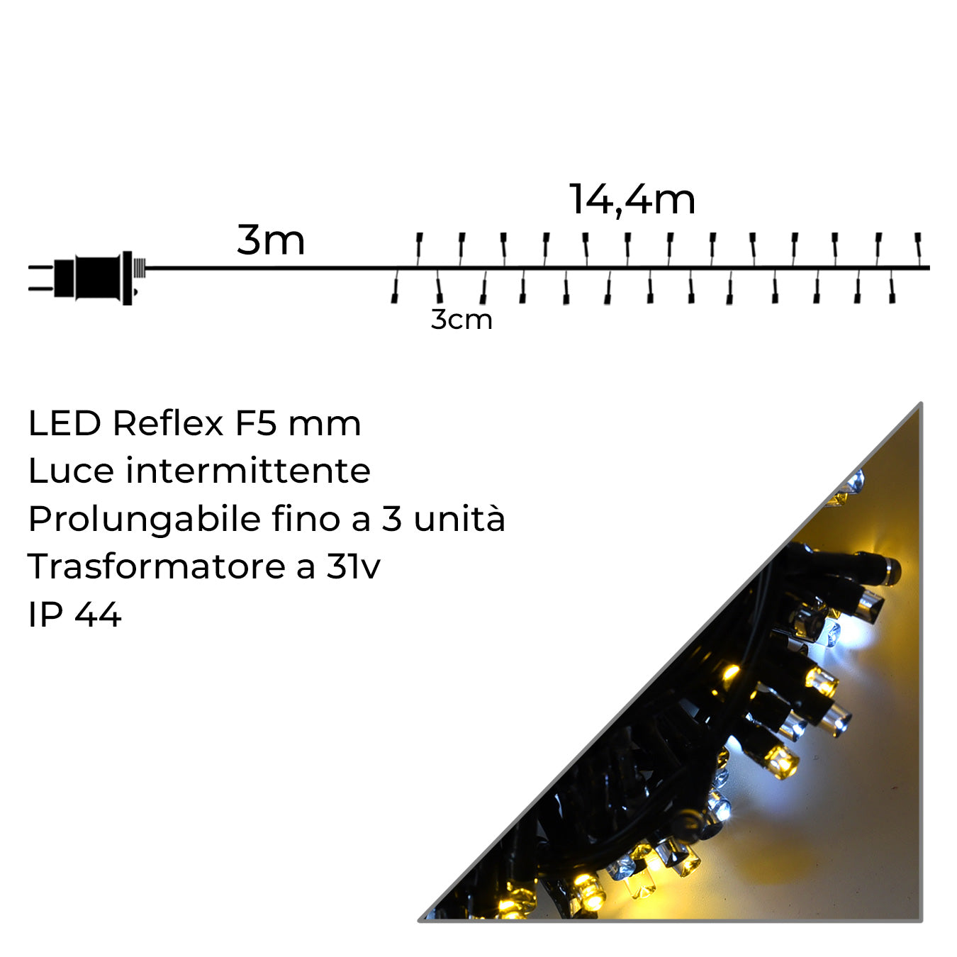 CATENA LUMINOSA LED FLESSIBILE 480 LUCI INTERMITTENTI GIALLE E BIANCHE - PER DECORAZIONI INTERNE ED ESTERNE ILLUMINAZIONE FESTIVA