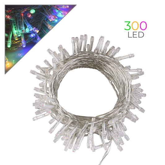 Catena_300_LED_Cavo_Trasparente_Arrotolata_a_Cerchio_con_Dettaglio_Luce_Multicolore_su_Sfondo_Bianco