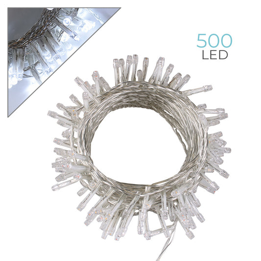 Catena_Luminosa_500_LED_Cavo_Trasparente_Arrotolata_a_Cerchio_con_Dettaglio_Luce_Bianca_su_Sfondo_Bianco