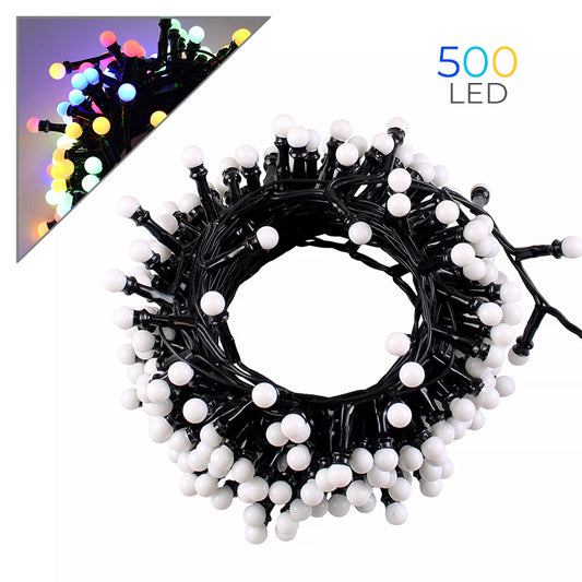 CATENA LUMINOSA LED A SFERA 500 LUCI MULTICOLORE SU CAVO NERO DA 10 METRI - CON 8 MODALITA' DI ILLUMINAZIONE PROLUNGABILE FINO A 2 PEZZI