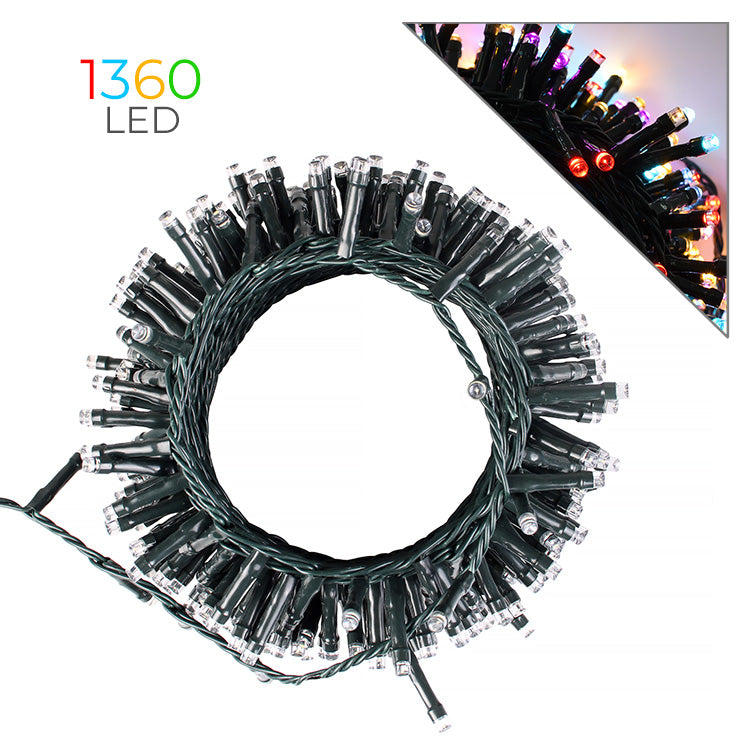 Catena_Luminosa_1360_LED_Arrotolata_a_Cerchio_con_Dettaglio_Luce_Multicolore_su_Sfondo_Bianco