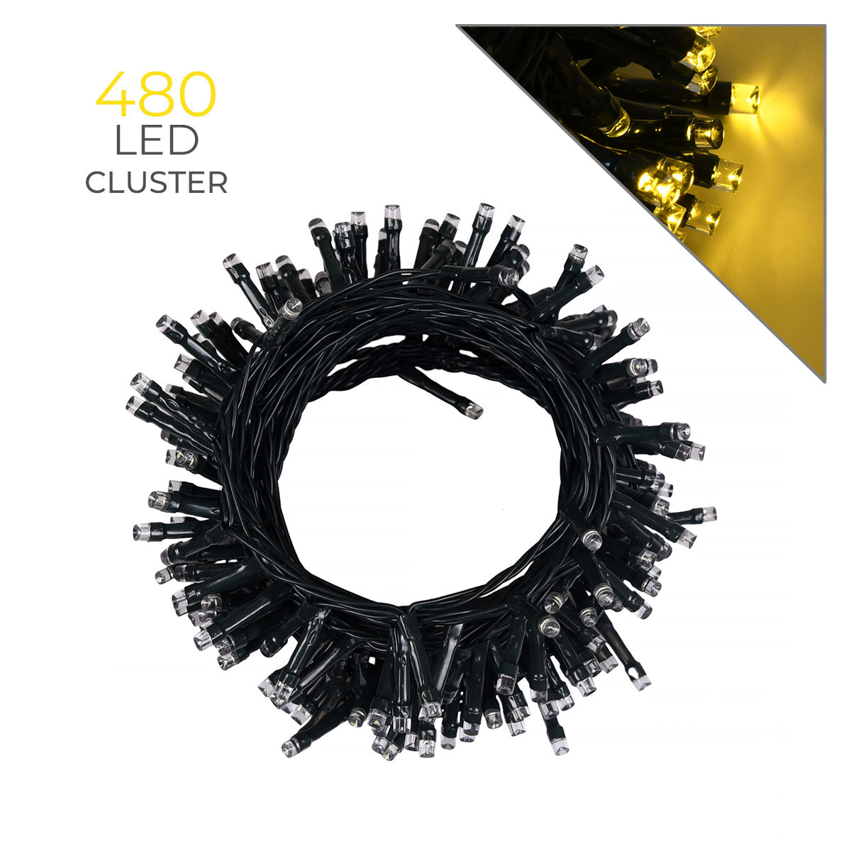 CATENA LUMINOSA LED CLUSTER 480 LUCI GIALLE INTERMITTENTI PER INTERNI ED ESTERNI - 14,4 METRI DI PURA MAGIA