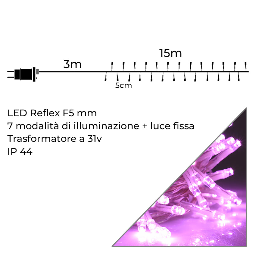 CATENA LUMINOSA 300 LED ROSA CAVO TRASPARENTE DA 15 METRI CON TRASFORMATORE 31V - PERFETTA PER DECORAZIONI INTERNE ED ESTERNE